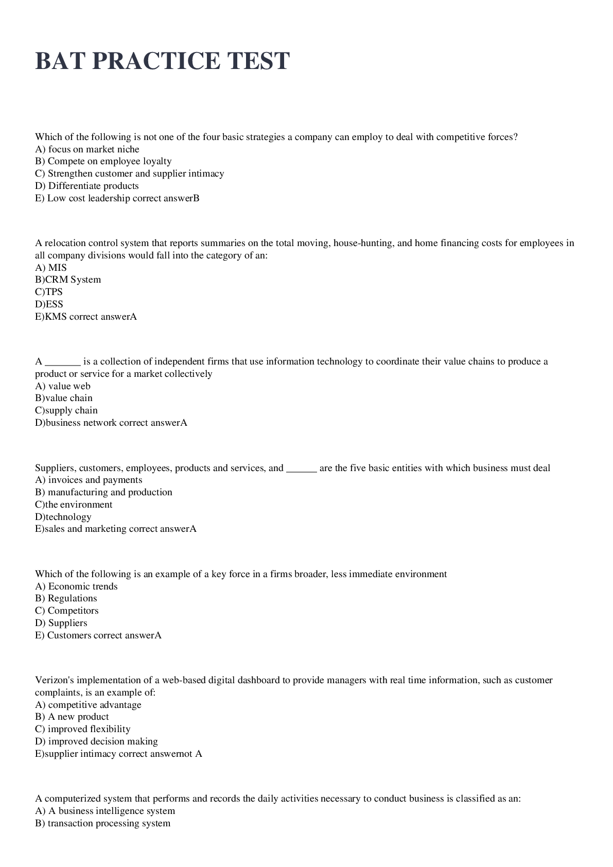 Preview image for BAT Practice Test 2022/2023  with all correct answers